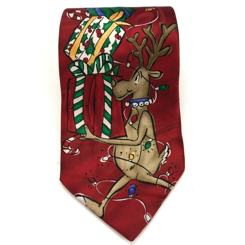Noel Christmas Tie Holiday Reindeer Gifts String Light Holiday 100% Silk Necktie